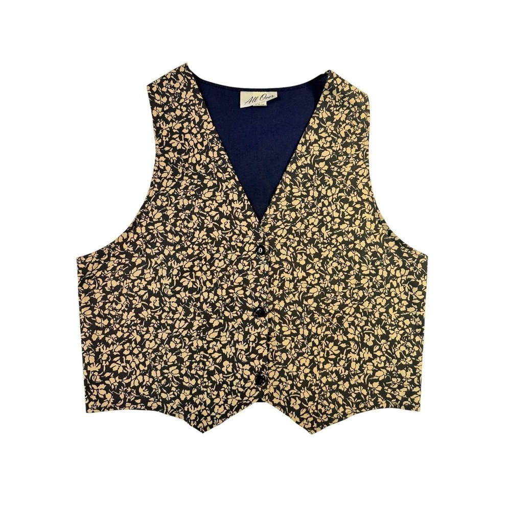 All‎ Over Floral VTG 90s Button Vest Women L Black Tan Cotton V-Neck USA Made